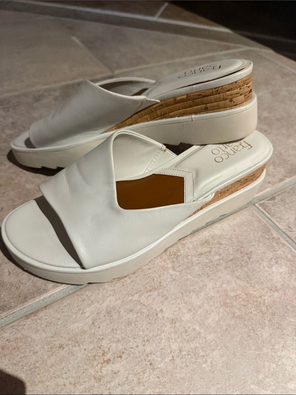 Franco Sarto White Leather Cork-Wedge Slide size 8.5